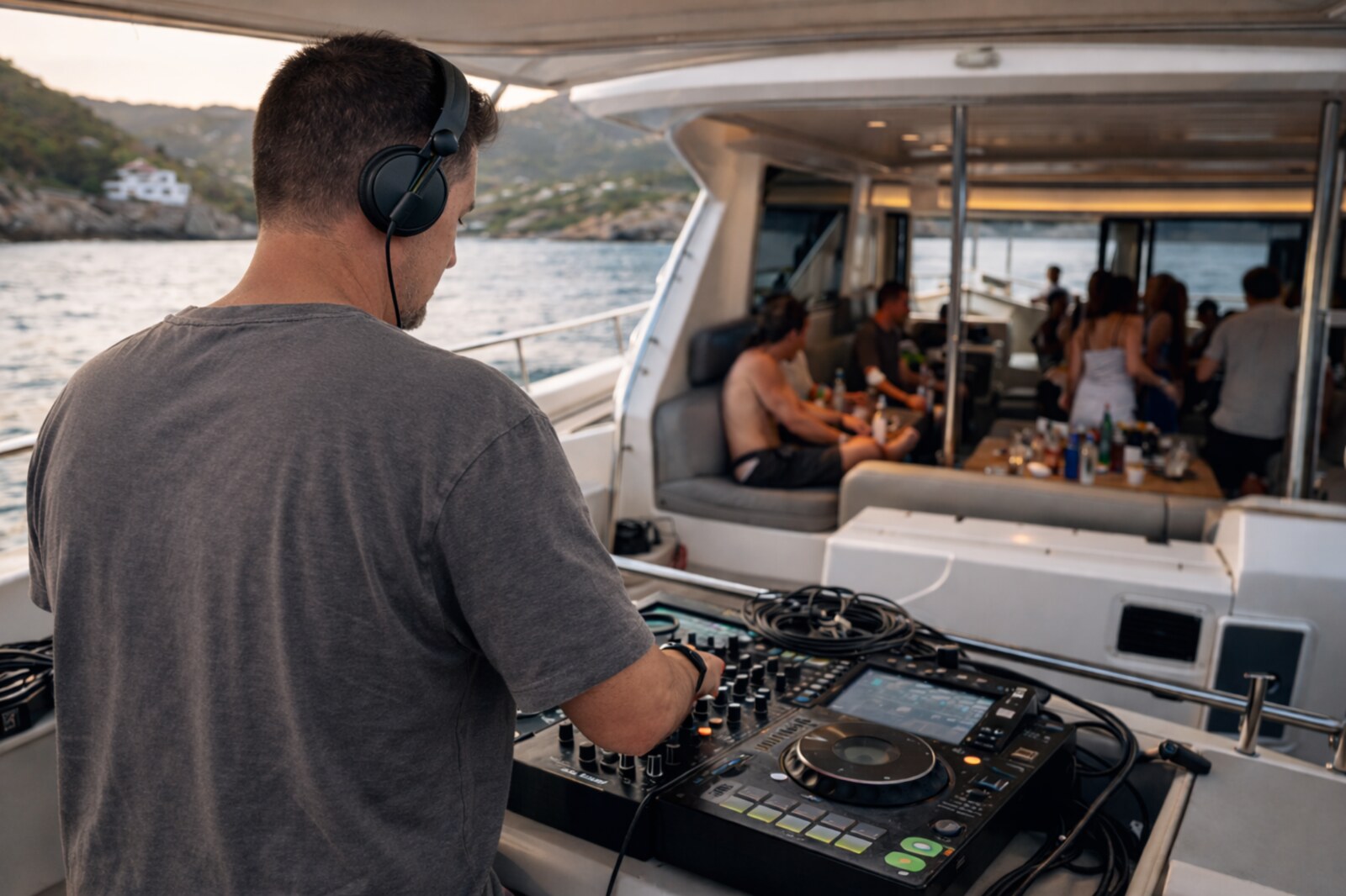 DJ Marseille aux platines sur un yacht au coucher du soleil